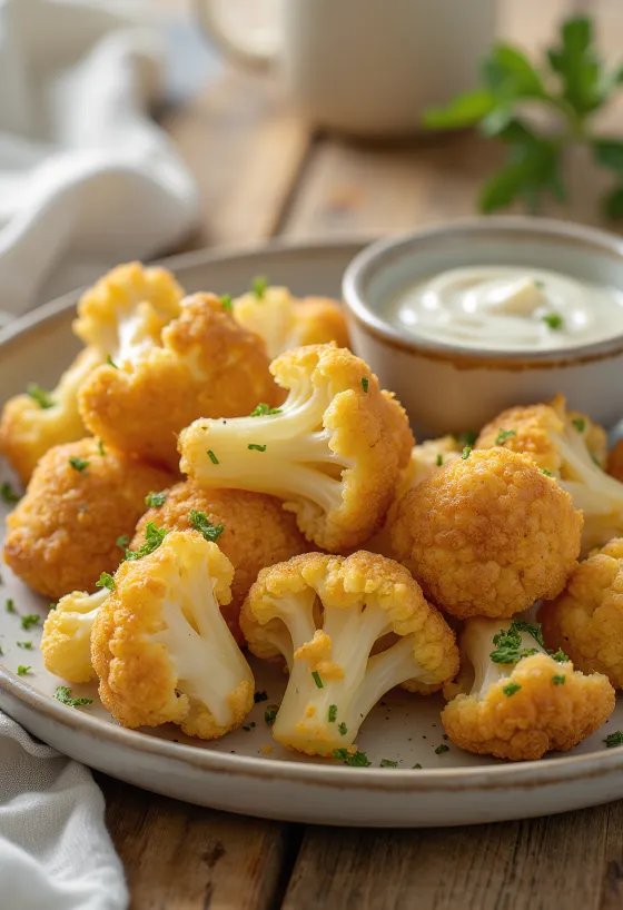 Coliflor empanizada frita dorada, servida en capa crujiente