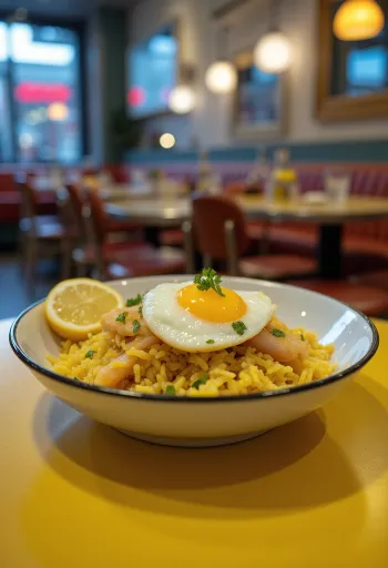 Kedgeree de abadejo ahumado servido en un tazón con huevos y perejil.