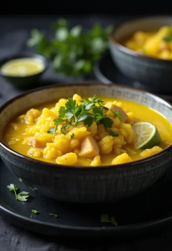 Arroz Caldo con pollo al azafrán, servido con cilantro fresco
