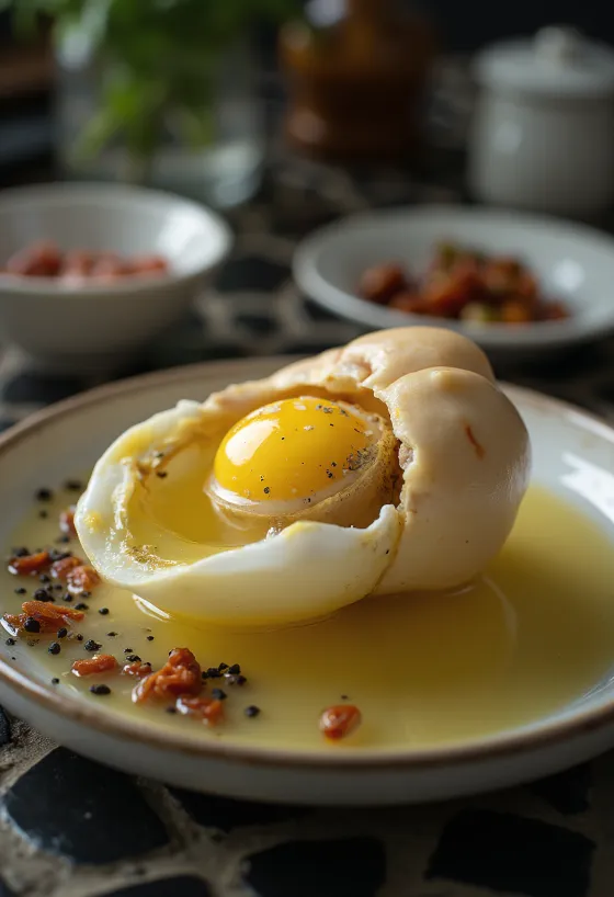 Huevo Balut abierto servido con salsa de vinagre y chiles