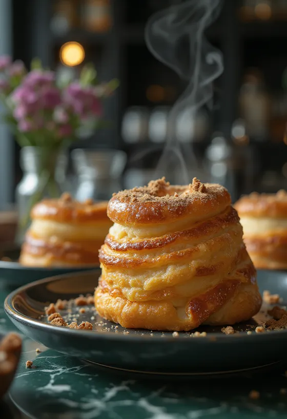 Pastel chimenea dorado y crujiente cubierto con azúcar y canela