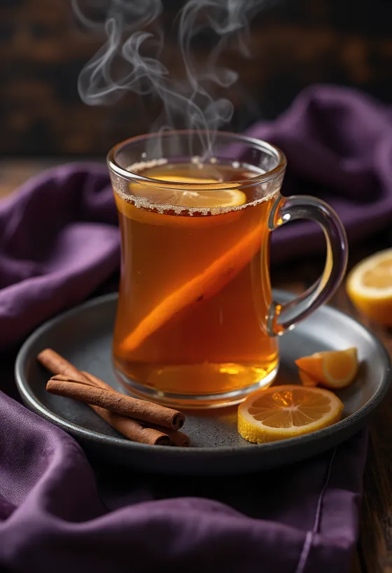 Bebida Hot Toddy decorada con rama de canela y rodaja de limón