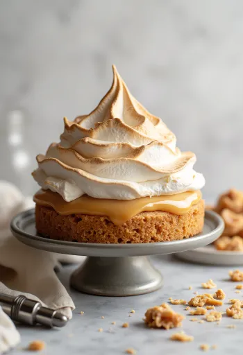 Pastel de merengue y caramelo con merengue caramelizado con soplete