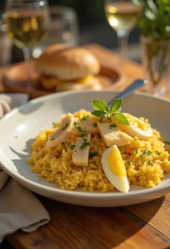 Kedgeree Clásico, combinación de pescado ahumado, huevo y arroz