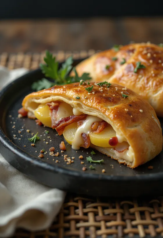 Calzone de papa con tocino recién horneado