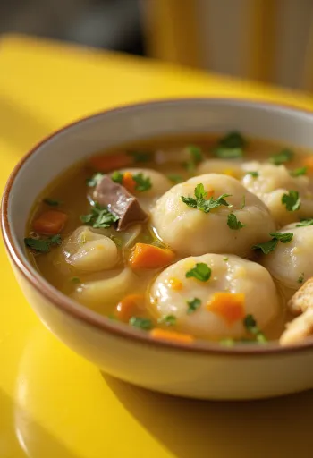Sopa de bolitas de hígado tradicional, servida con verduras y perejil.