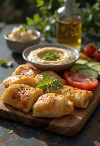 Plato de meze fresco con börek, hummus, queso feta y verduras