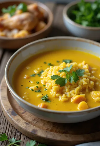 Sopa Mulligatawny con pollo servida