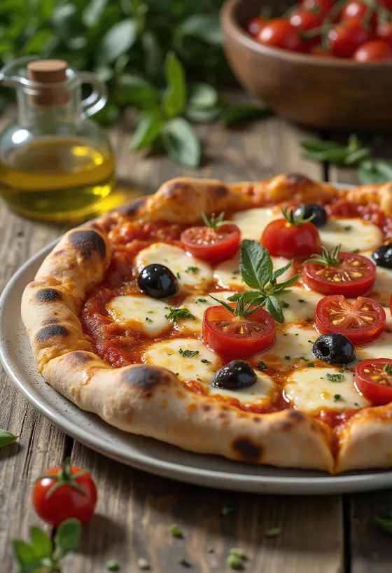 Pizza alla Barese con jitomate y aceitunas negras