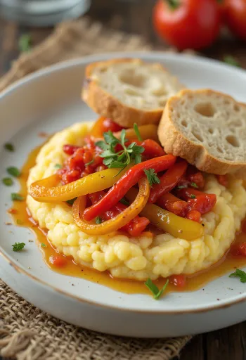 Polenta cremosa servida con pimientos rojos asados, rociada con aceite de ajo