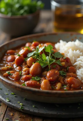 Rajma curry servido en un tazón colorido, rico en especias y frijoles rojos