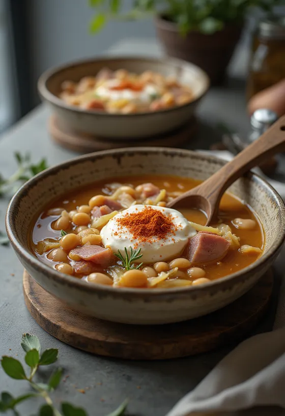 Sopa de frijoles con chucrut, carne ahumada y hierbas frescas