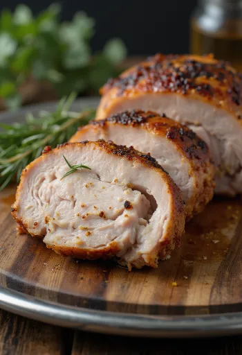 Pechuga de pavo salvaje ahumada servida con verduras asadas.