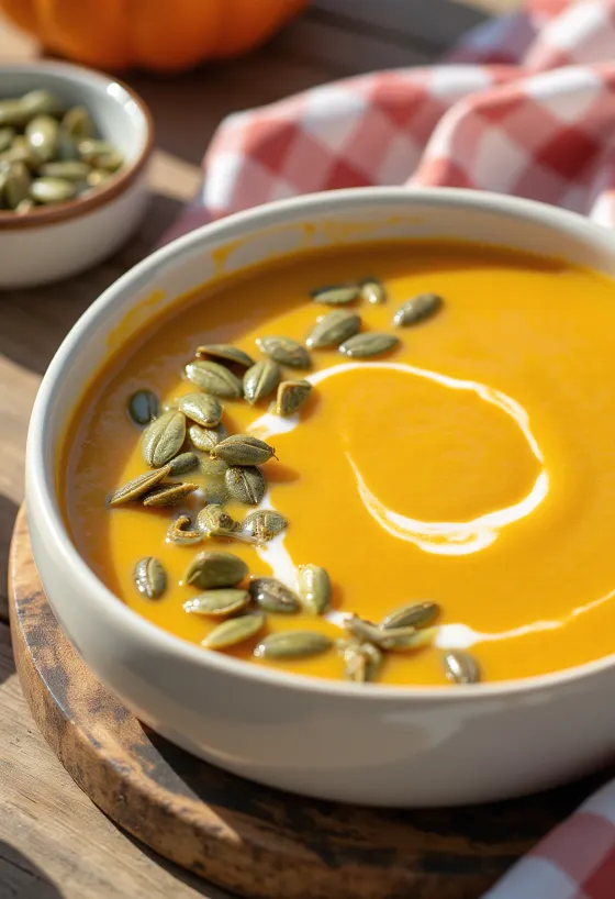 Crema de calabaza con semillas tostadas servida