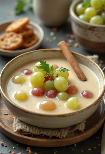Sopa de uva refrescante decorada con uvas frescas y menta