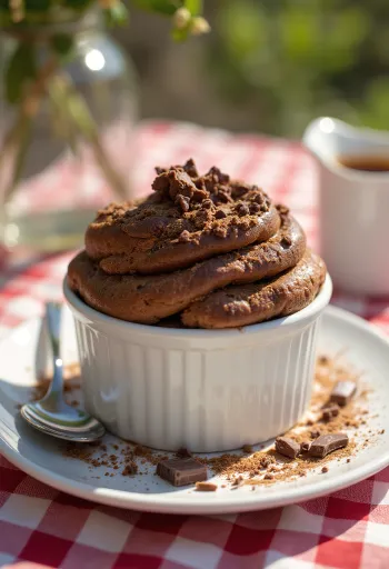 Soufflé de vainilla y chocolate servido