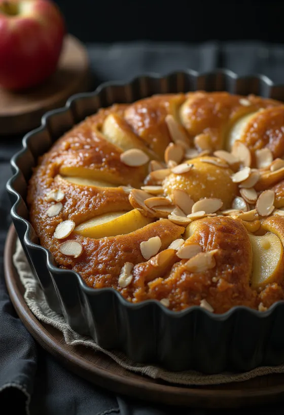 Pastel de manzana y almendra con láminas de manzana y capa de almendra