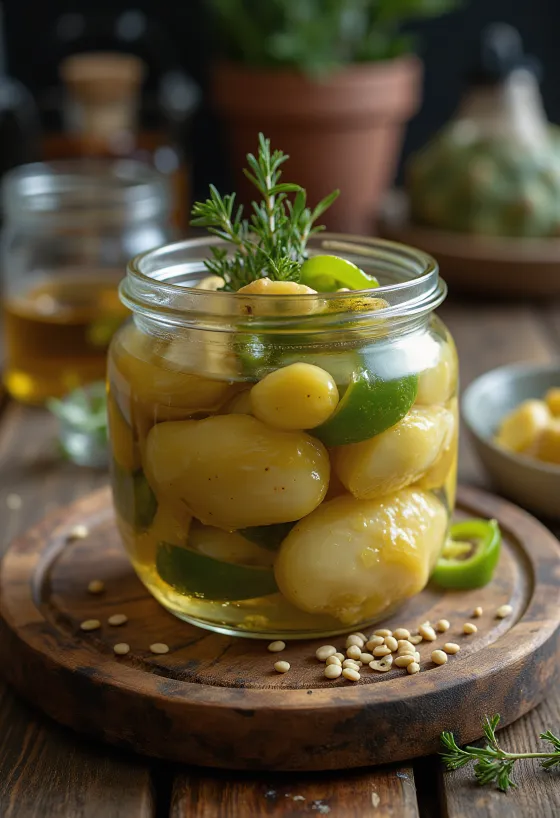 Alcachofas encurtidas picantes en vinagre en frasco