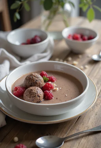 Tangyuan de chocolate, servido con leche de almendras, frutas frescas y salsa de chocolate