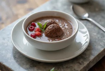 Tangyuan de chocolate, servido con leche de almendras, frutas frescas y salsa de chocolate