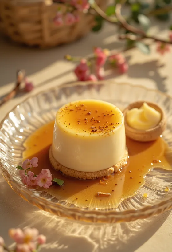 Pastel de panna cotta de caramelo servido en rebanadas