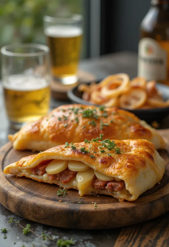 Calzone de papa con salchicha ahumada recién horneado