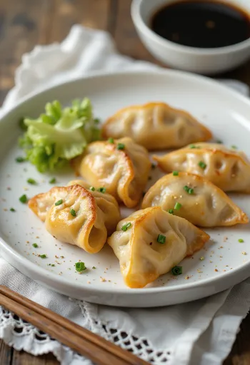 Gyoza de poro con base crujiente servida con salsa para mojar