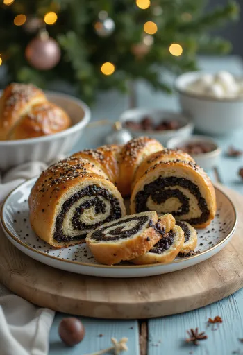 Rollo de semilla de amapola rebanado con corteza dorada marmoleada