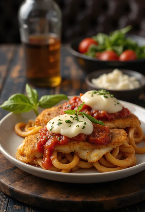 Milanesa napolitana con aceite de oliva, servida con salsa de tomate y mozzarella derretida