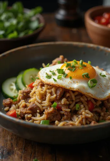 Nasi Goreng con res y huevo estrellado