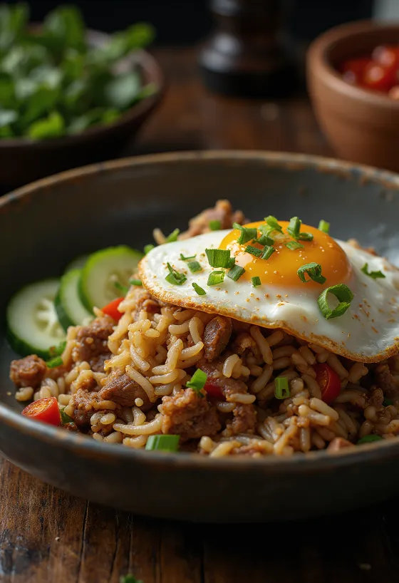 Nasi Goreng con res y huevo estrellado