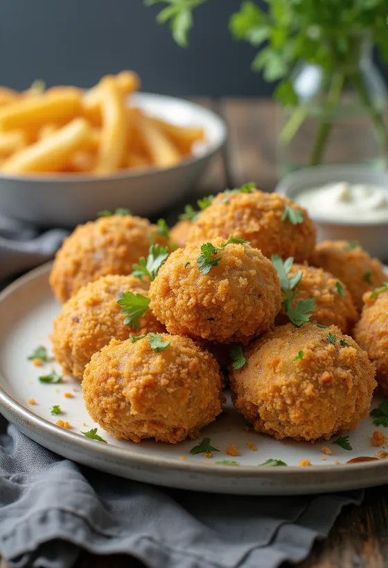 Champiñones empanizados fritos a dorado en costra crujiente, servidos con ensalada y salsa tártara.