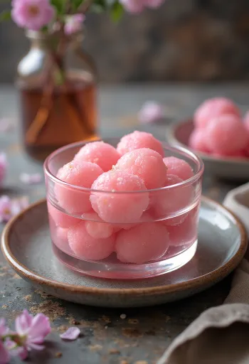 Rasgulla rosa, dulce indio con agua de rosas, con cilantro fresco