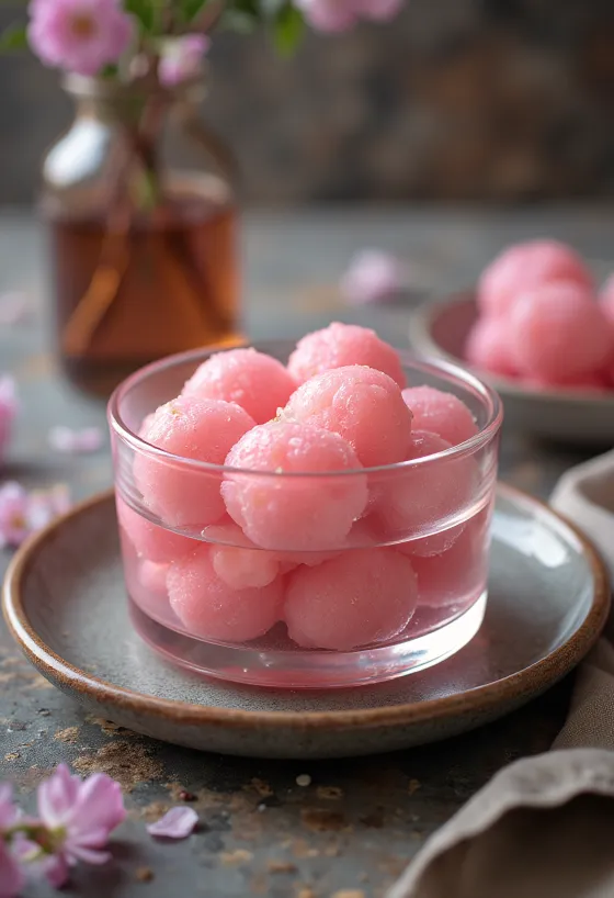 Rasgulla rosa, dulce indio con agua de rosas, con cilantro fresco