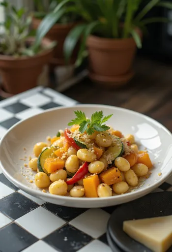 Gnocchi de calabaza con vegetales servido