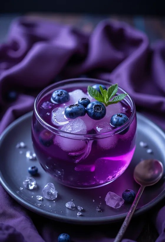 Hwachae de arándanos refrescante, bebida de frutas coreana con fideos de arroz y menta