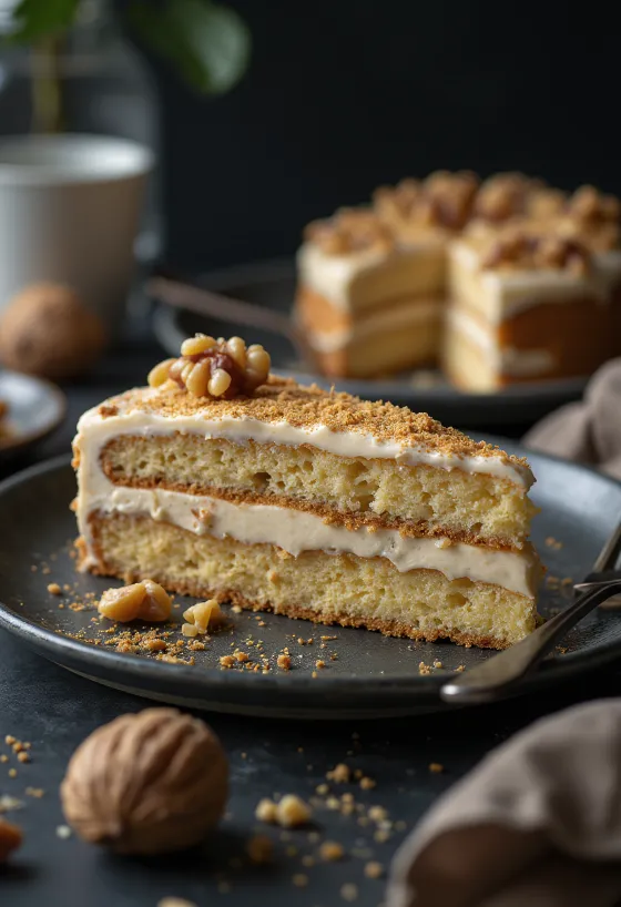 Pastel de crema de nuez servido