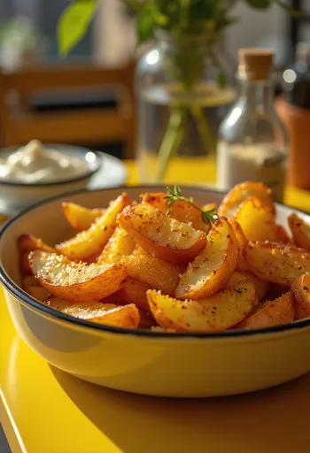 Papas especiadas crujientes horneadas doradas, espolvoreadas con hierbas frescas