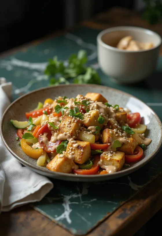 Wok de tofu con tahini