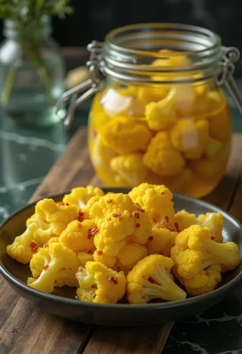 Coliflor encurtida en un frasco de vidrio