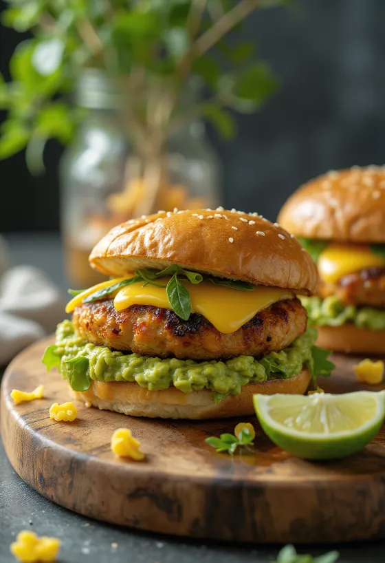 Hamburguesa de pollo con aguacate y pollo a la parrilla