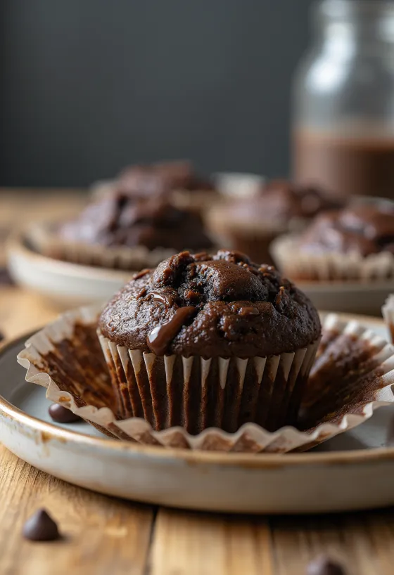 Muffins de chocolate horneados, servidos con chispas de chocolate