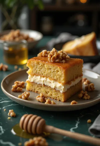 Pastel de nuez y miel servido