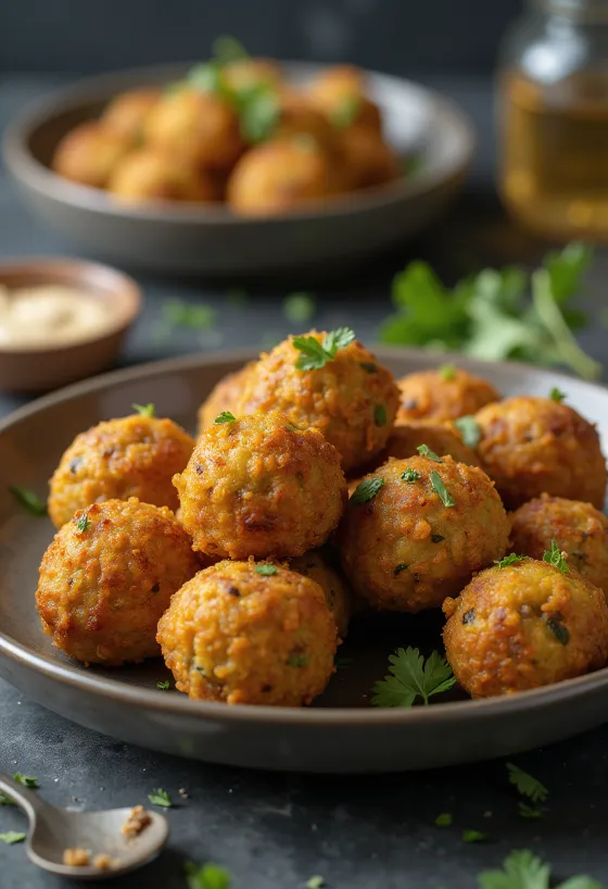 Falafel con exterior dorado crujiente, espolvoreado con hierbas frescas