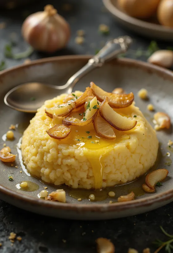 Fungee al ajo, servido con rebanadas de ajo frito y espolvoreado con perejil