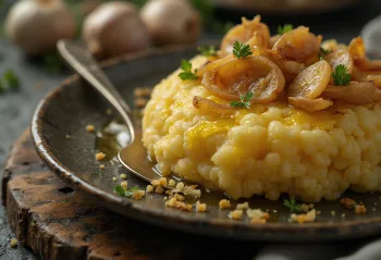Fungee al ajo, servido con rebanadas de ajo frito y espolvoreado con perejil