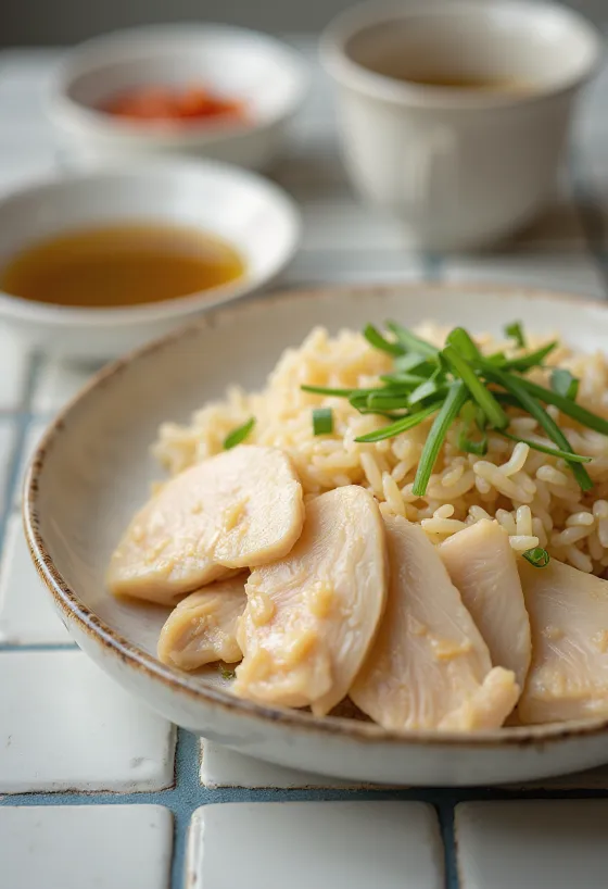 Arroz con pollo Hainan servido