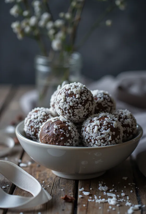 Trufas de chocolate oscuro cubiertas de coco rallado