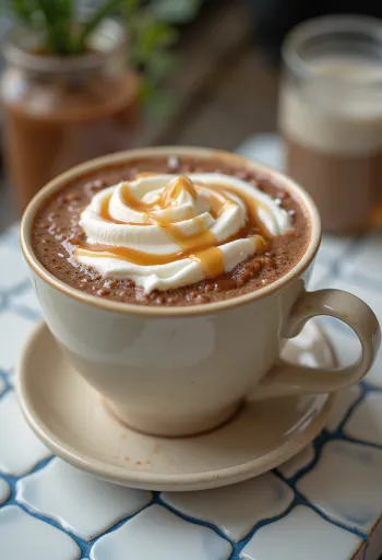 Chocolate caliente con caramelo decorado con crema batida y hilo de salsa de caramelo