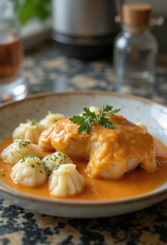Pollo al páprika con ñoquis de requesón, platillo tradicional húngaro